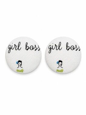 Girl Boss Small White Fabric Button Earrings
